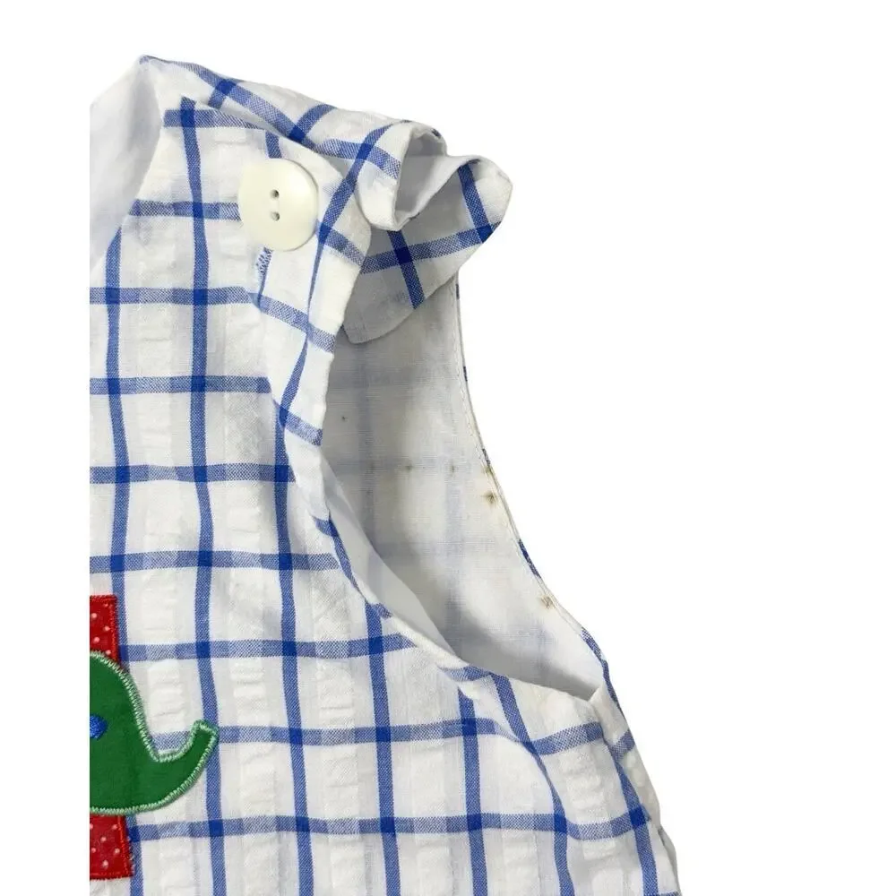 Vintage Baby Boy Romper 18M Blue White Plaid Seersucker Toy Appliqué Shortall